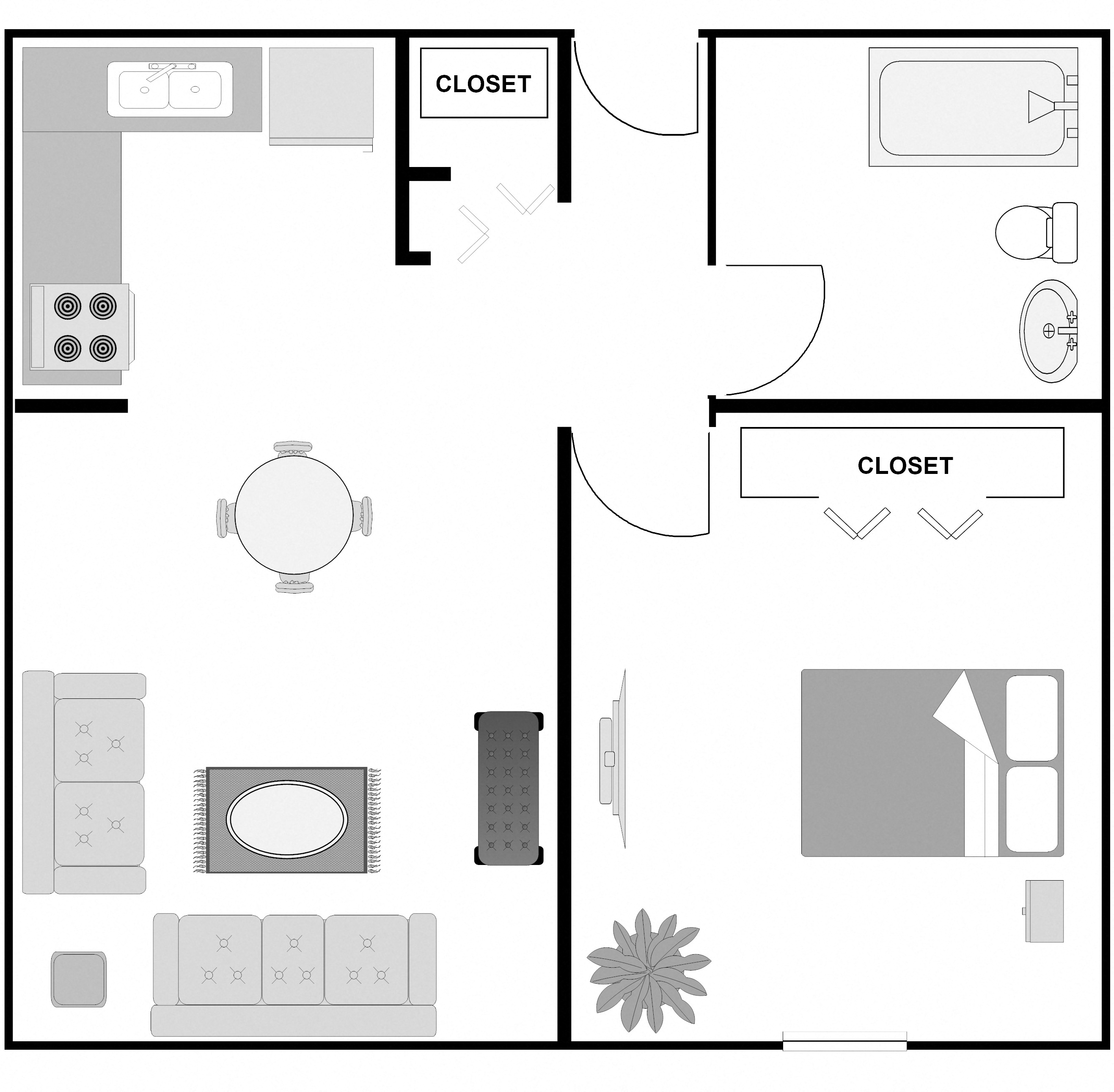 Floor plan for 1 bed, 1 bath, 445 sqft